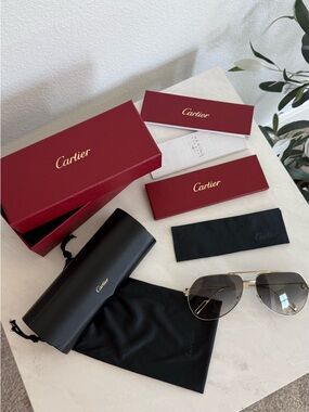 Cartier Aviator Sunglasses Gold Frame Black Lens Full Set